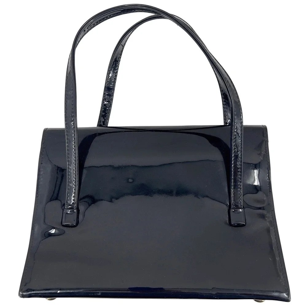 Vintage 60s JR USA Black Patent Leather Handbag Gold Chinese Character MCM